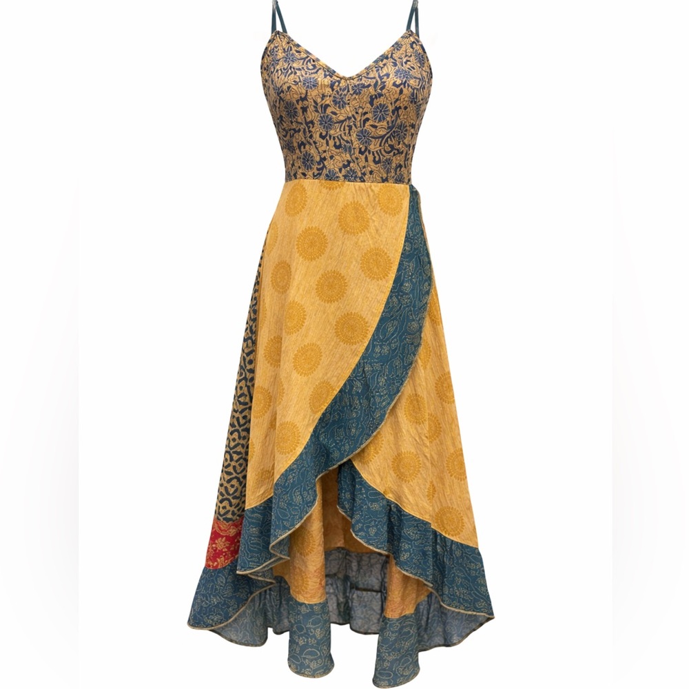 Boho High-Low Yellow and Teal Tiered Sundress - Picture 3 of 10